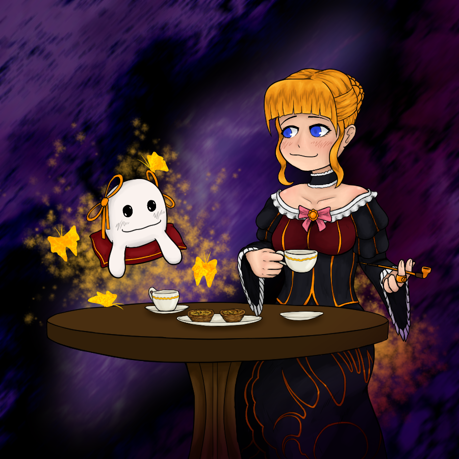 katey sitting with beatrice from umineko. they are eating natas