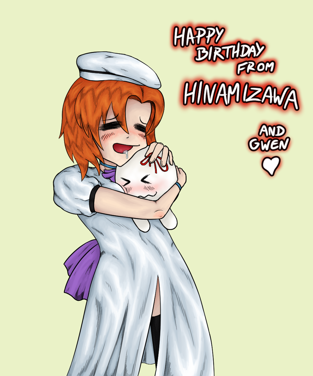 a girl hugging a katey. it says happy birthday from hinamizawa and gwen