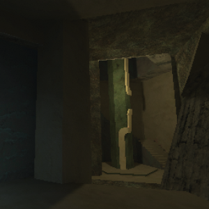 a green column in a cavern