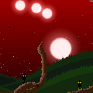 shadowy figures attached to giant roots, four suns loom in the distance