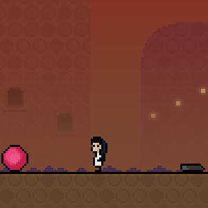 a woman stands between a pink orb and a worm
