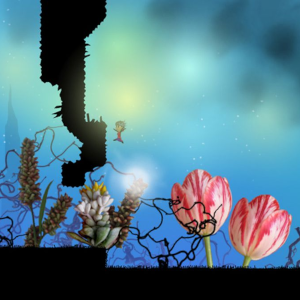 a woman jumps near a large tulip