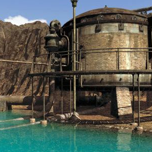 a mechanical-looking building overlooking some water