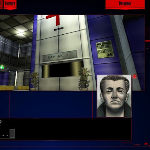 vn ui: a hospital lobby with a portrait of a middle aged man smoking