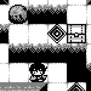 a woman standing in a maze of boulders, chests, and strange diamonds