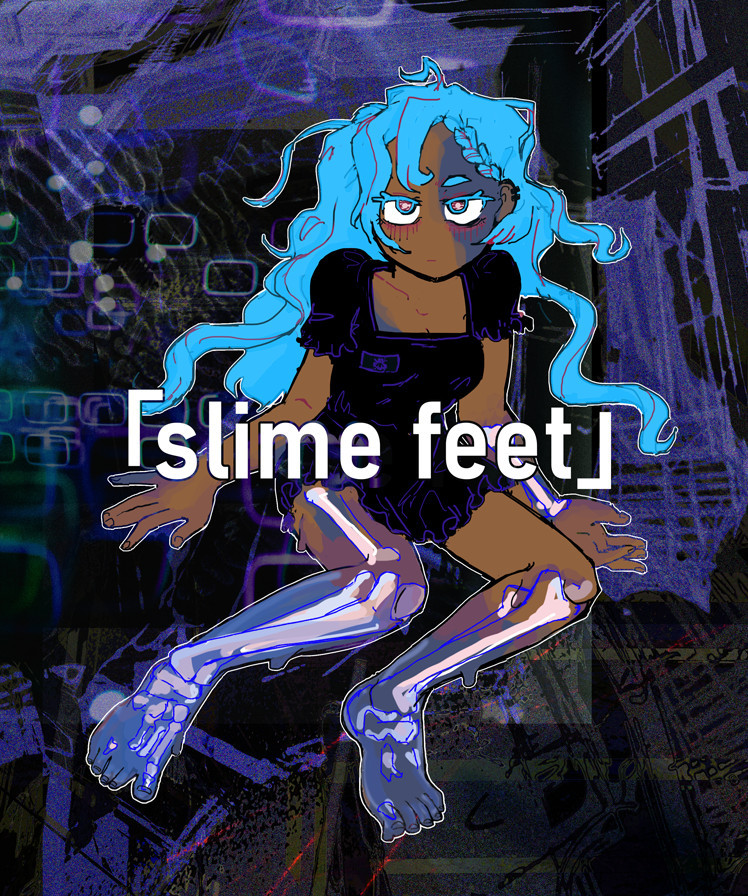 a girl with slimy feet and blue hair looks at the viewer