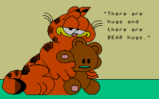 garfield holding a teddy bear saying "there are hugs and then there are bear hugs"