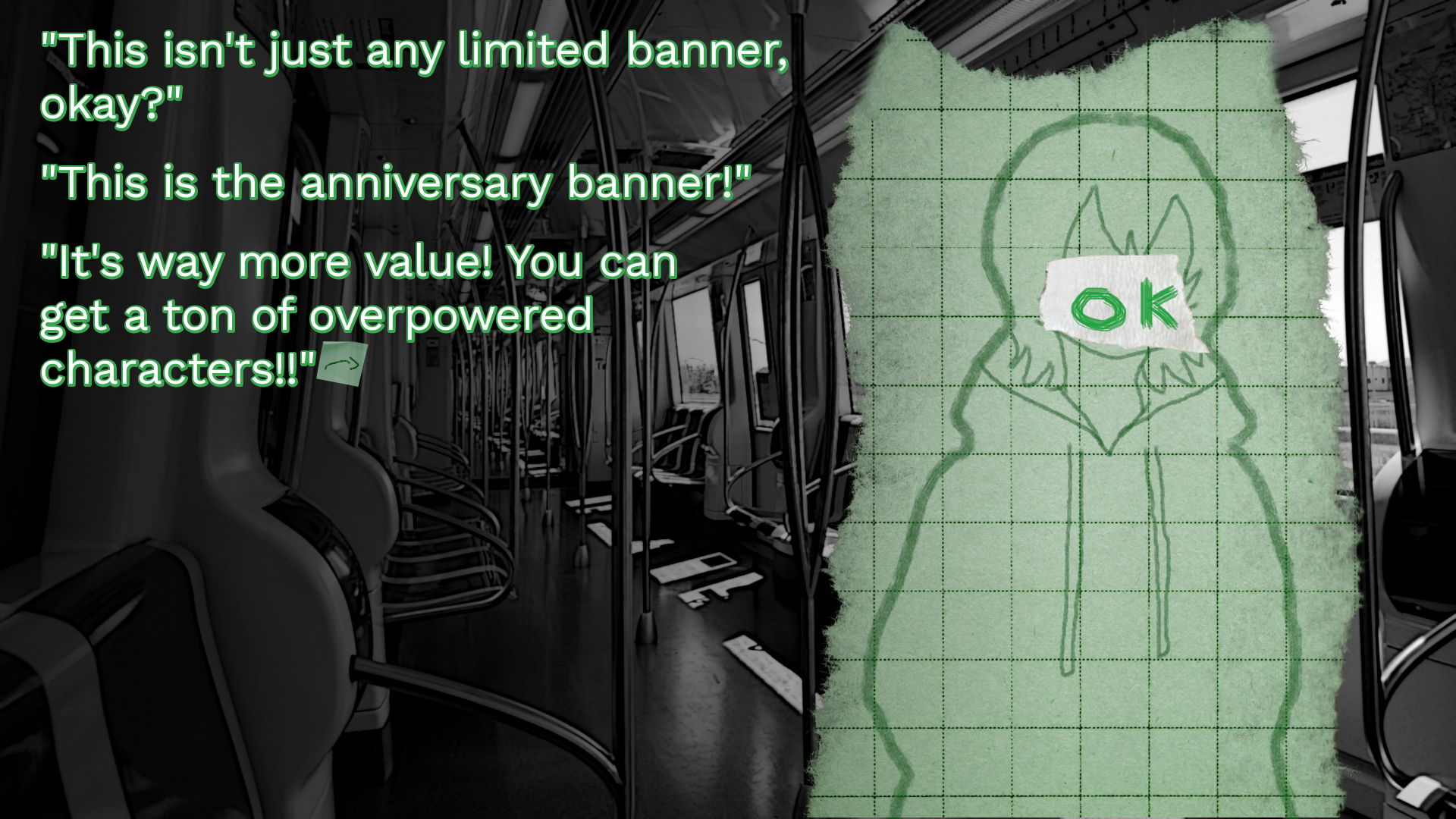 visual novel screenshot. a girl says "this isn't just any limited banner, okay? this is the anniversary banner! it's way more value! you can get a ton of overpowered characters!"