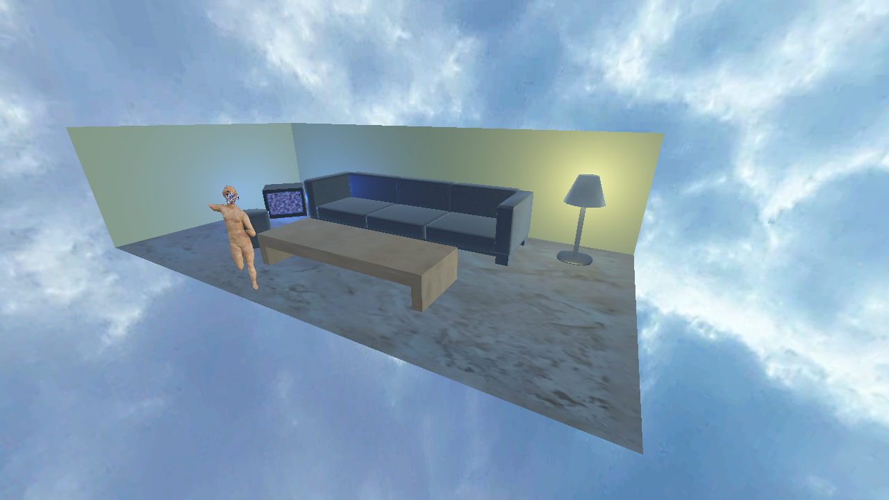 "a statue standing in a room in the void"