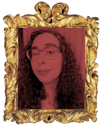 a framed picture of katey, a woman with curly hair and glasses