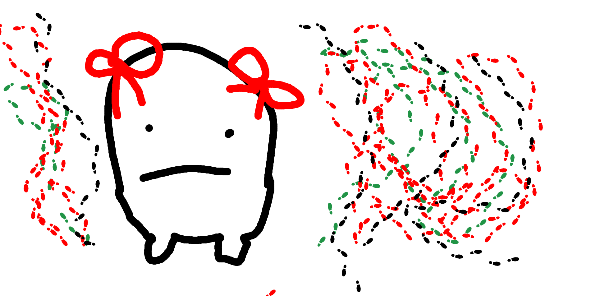 a drawing of kate, a white round figure with two red hairbows, making a neutral expression. she is surrounded by footprints.