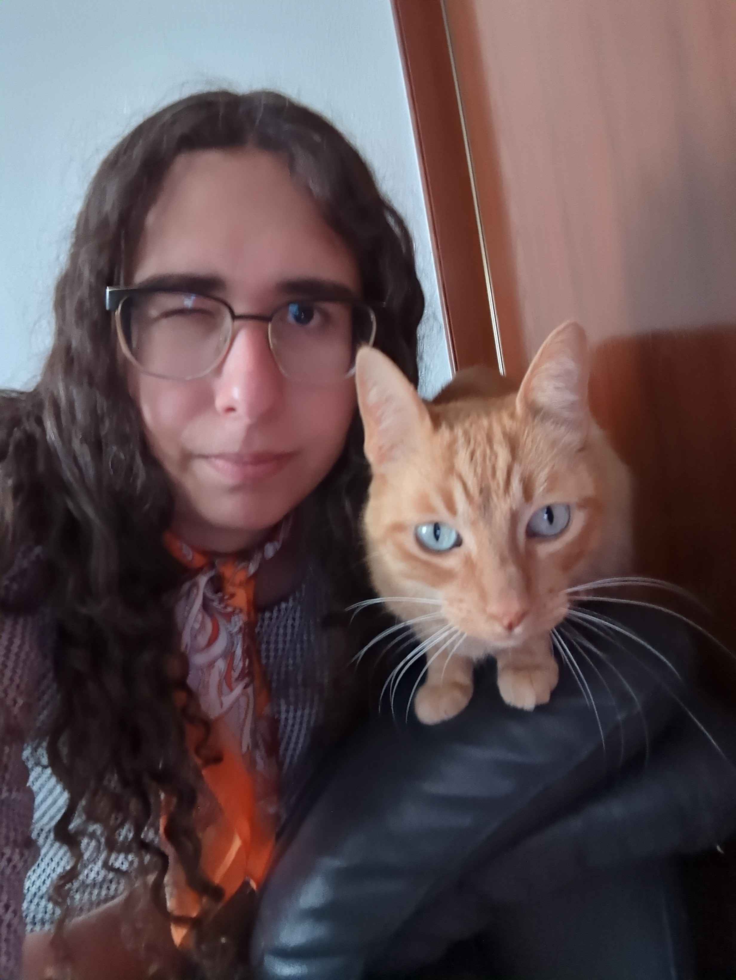 katey and azul the orange cat staring right at you